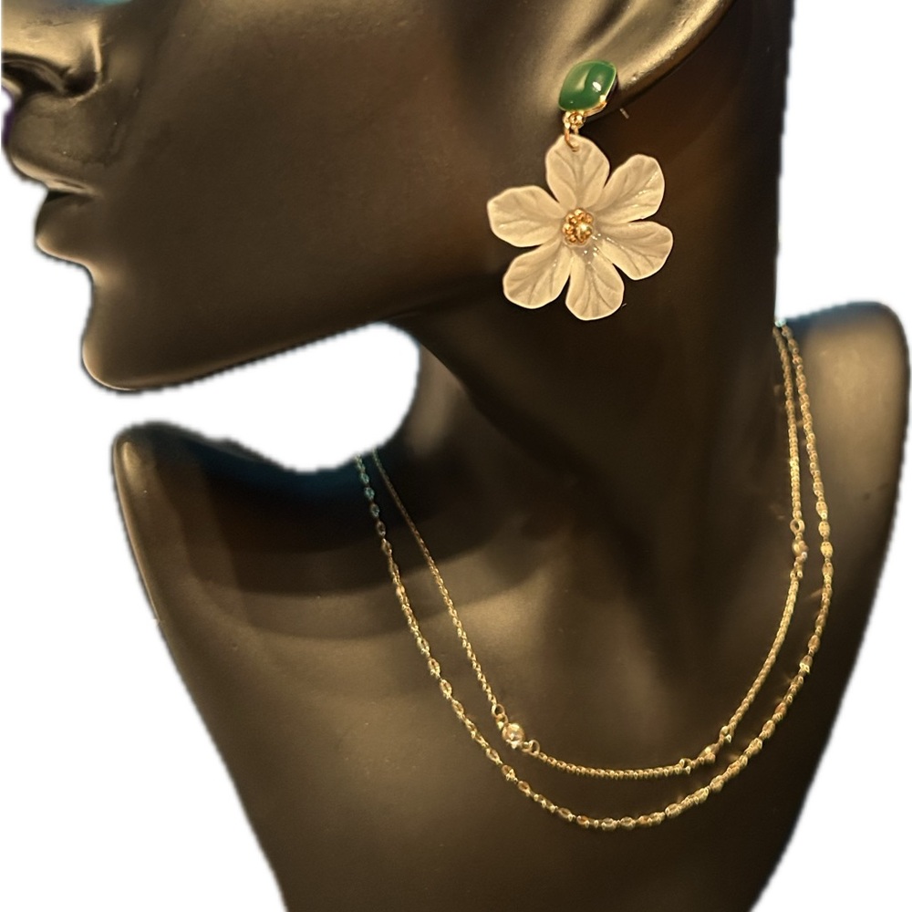 Elegant Green & White Flower Earrings with Dainty Gold Tone Two Strand Necklace